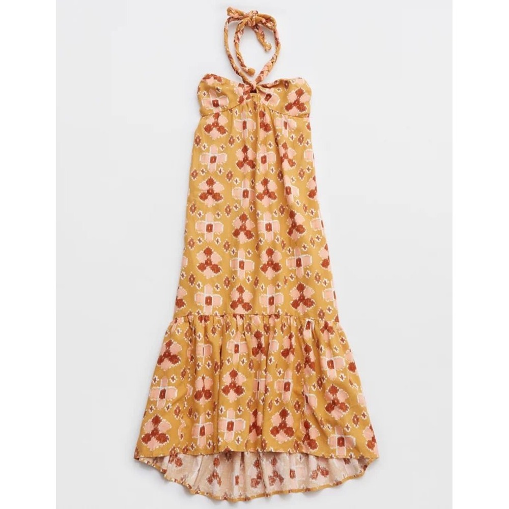 Aerie Orange Ikat Print Braided Halter Midi Dress Smocked Back Small